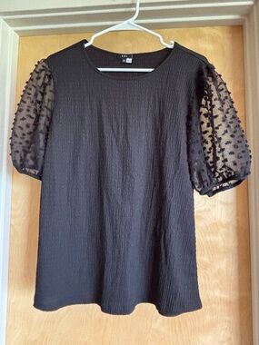 k&c Black Textured Crepe Swiss Dot Sheer Puff Sleeve Top Size M